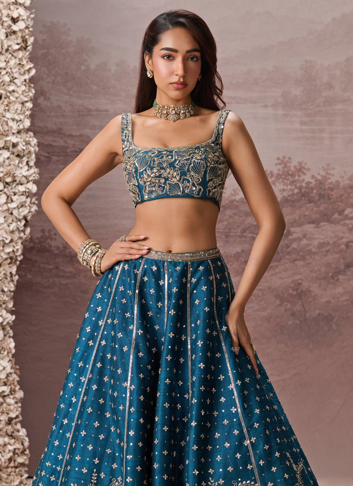 Teal Blue Raw Silk Embroidered Lehenga