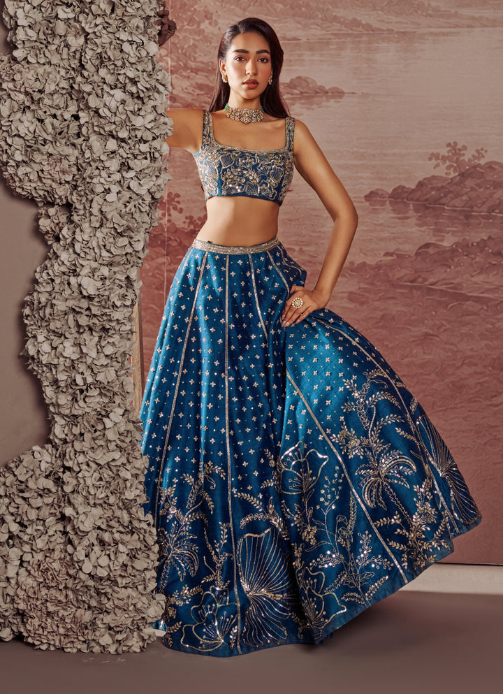 Teal Blue Raw Silk Embroidered Lehenga
