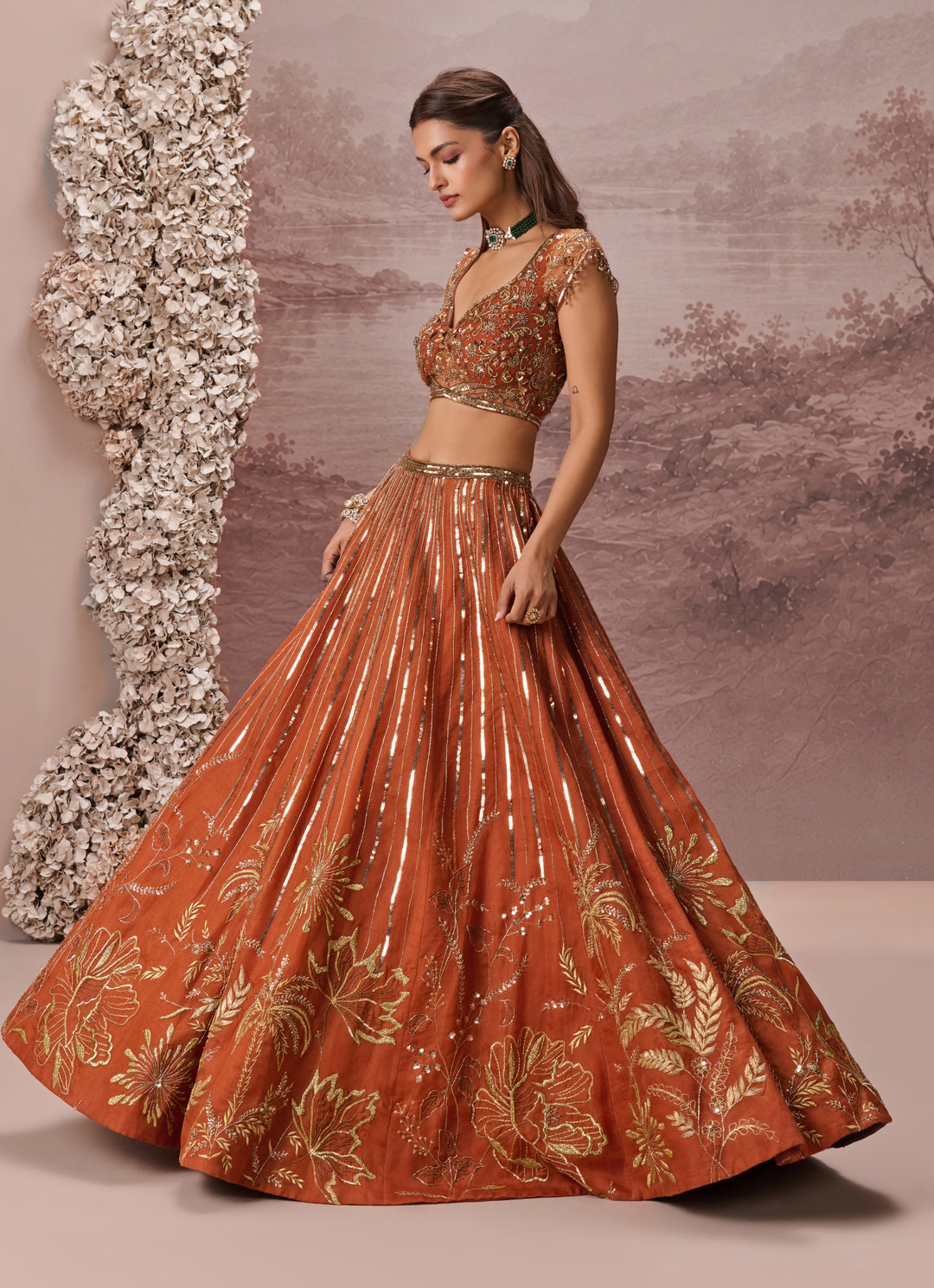 Burnt Orange Silk Organza Lehenga