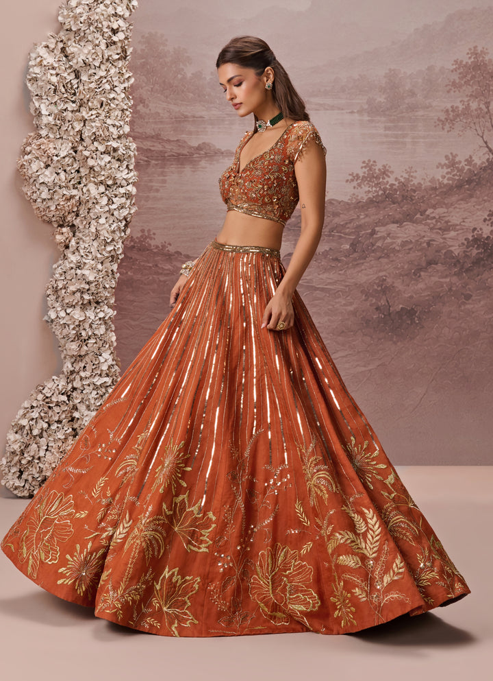 Burnt Orange Silk Organza Lehenga