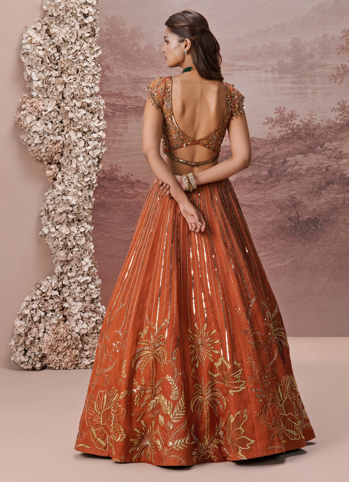 Burnt Orange Silk Organza Lehenga