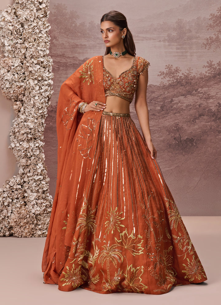 Burnt Orange Silk Organza Lehenga