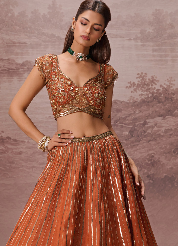 Burnt Orange Silk Organza Lehenga