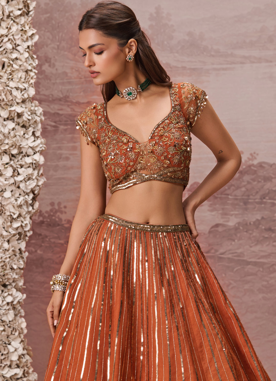 Burnt Orange Silk Organza Lehenga