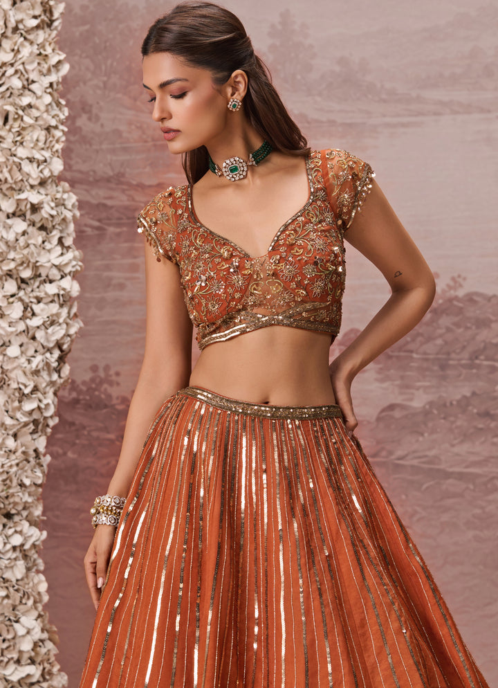 Burnt Orange Silk Organza Lehenga
