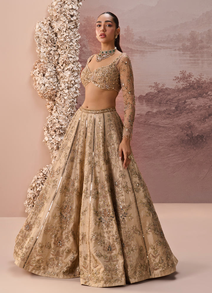 Nude Gold Sequins Silk Tissue Lehenga