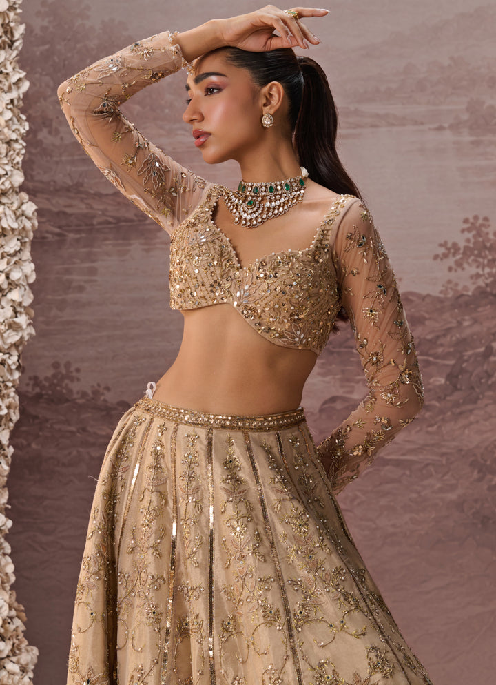 Nude Gold Sequins Silk Tissue Lehenga