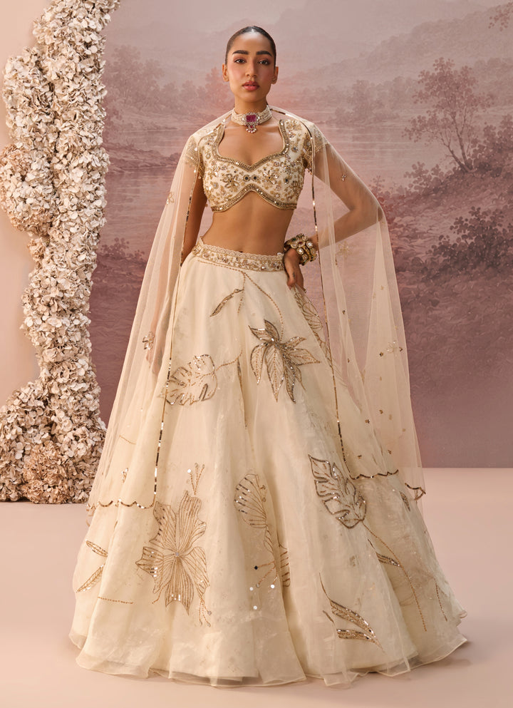 Ivory And Gold Organza Lehenga