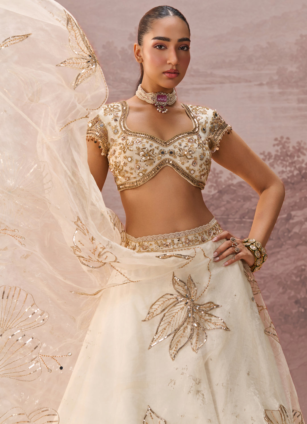 Ivory And Gold Organza Lehenga
