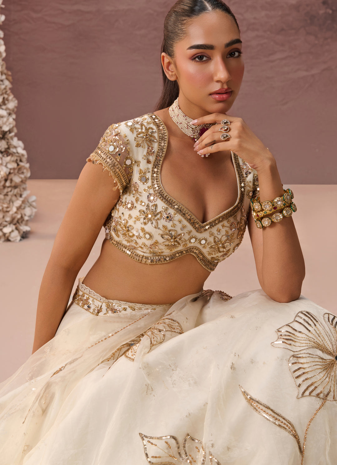Ivory And Gold Organza Lehenga