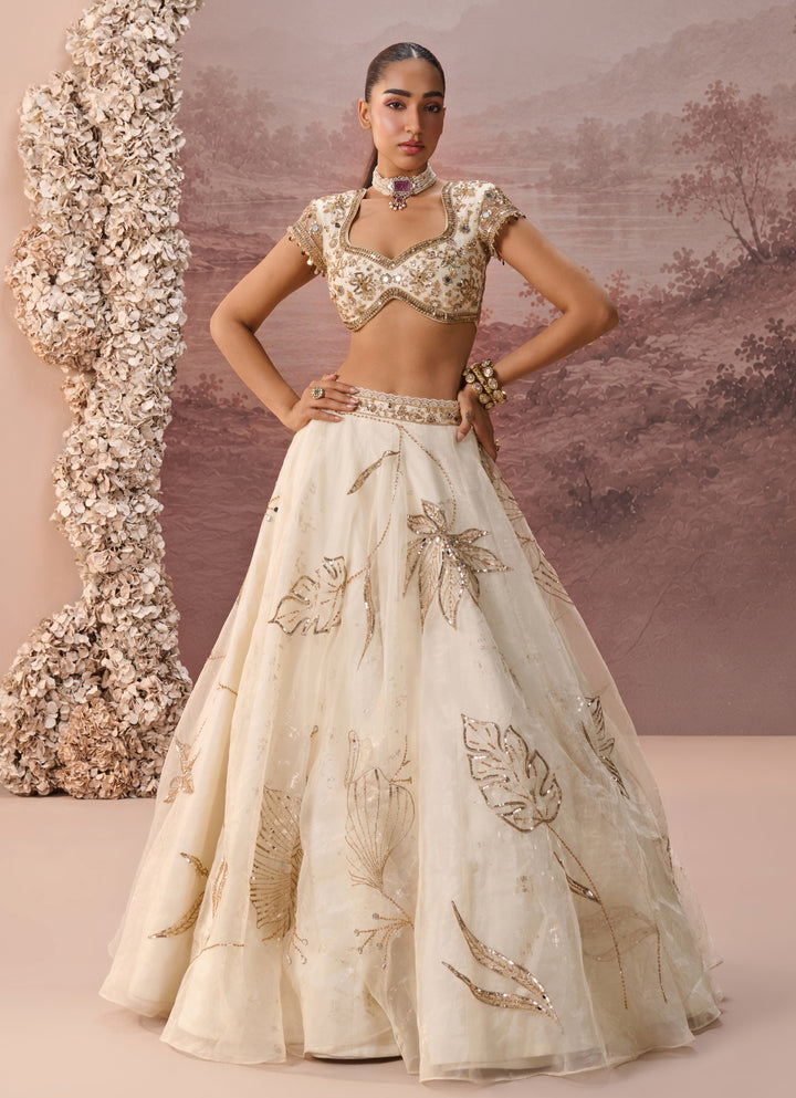 Ivory And Gold Organza Lehenga