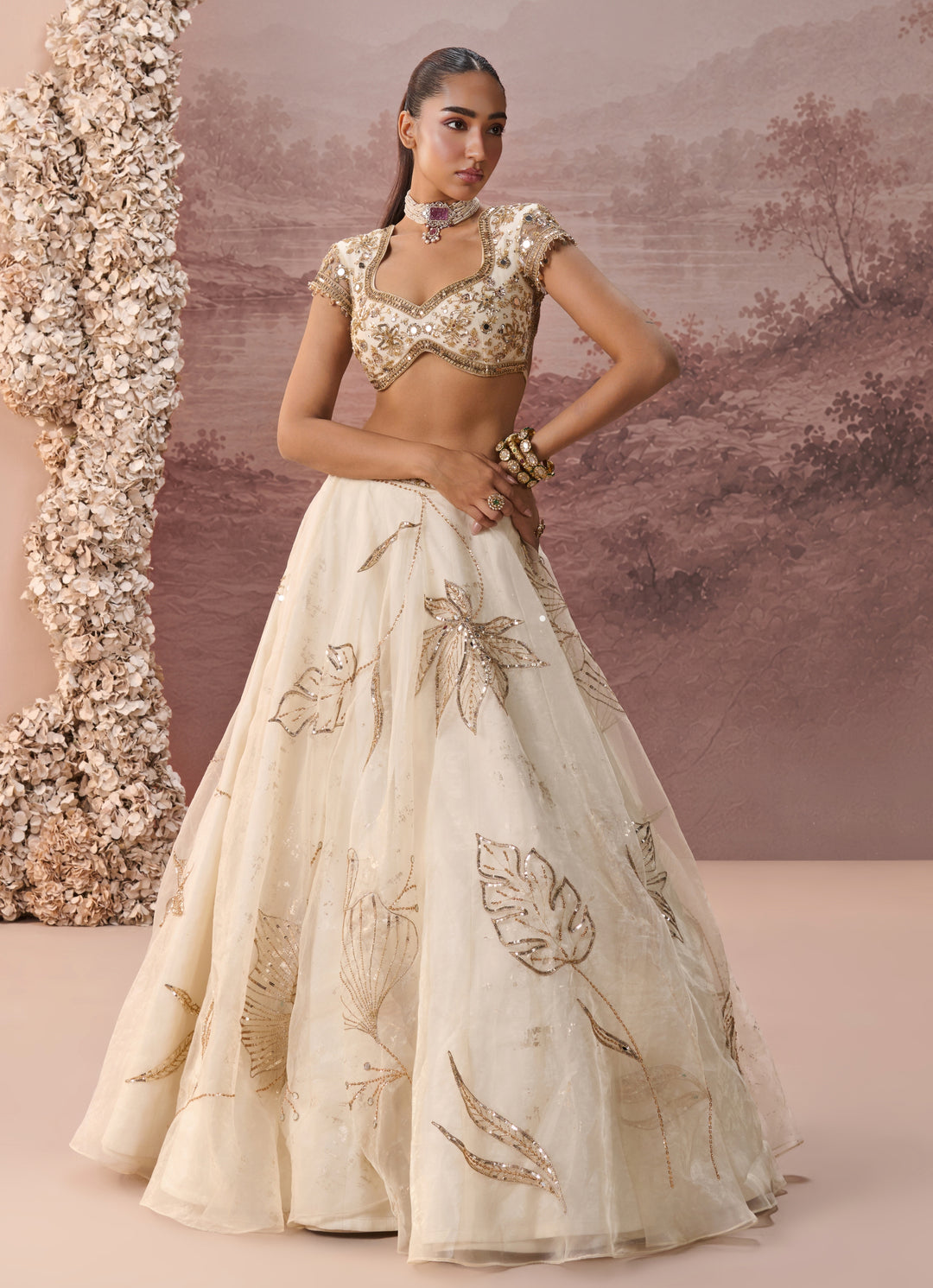 Ivory And Gold Organza Lehenga