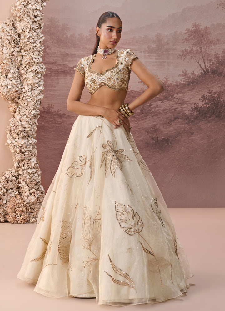 Ivory And Gold Organza Lehenga