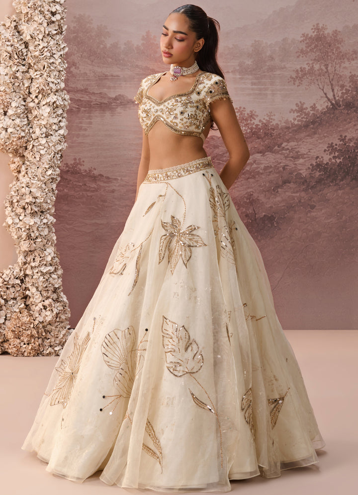 Ivory And Gold Organza Lehenga