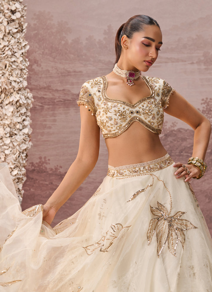 Ivory And Gold Organza Lehenga