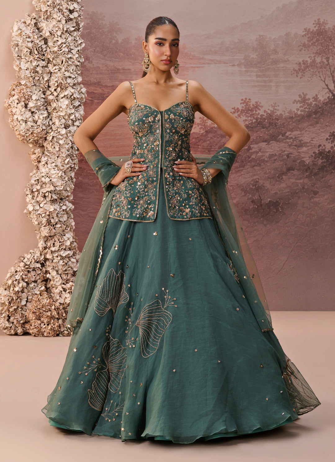 Green Sequinned Silk Organza Kurta Lehenga