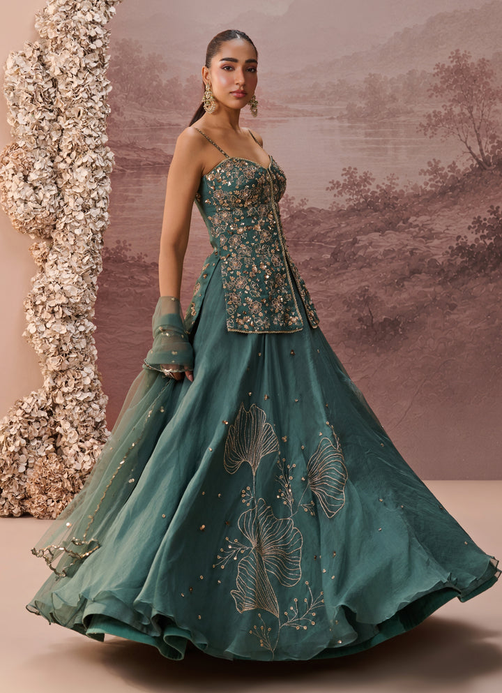 Green Sequinned Silk Organza Kurta Lehenga