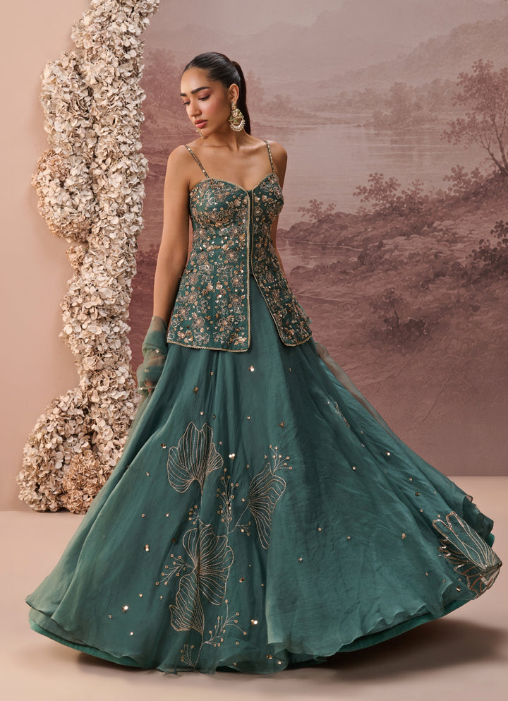 Green Sequinned Silk Organza Kurta Lehenga