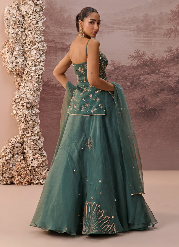 Green Sequinned Silk Organza Kurta Lehenga
