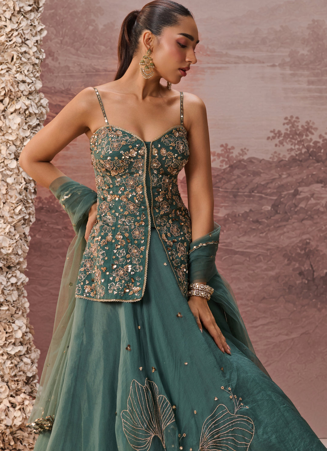 Green Sequinned Silk Organza Kurta Lehenga