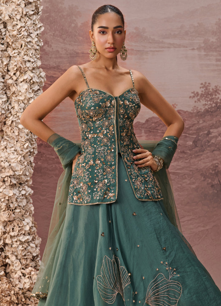 Green Sequinned Silk Organza Kurta Lehenga