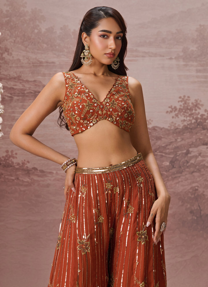Burnt Orange Organza Blouse Sharara Set