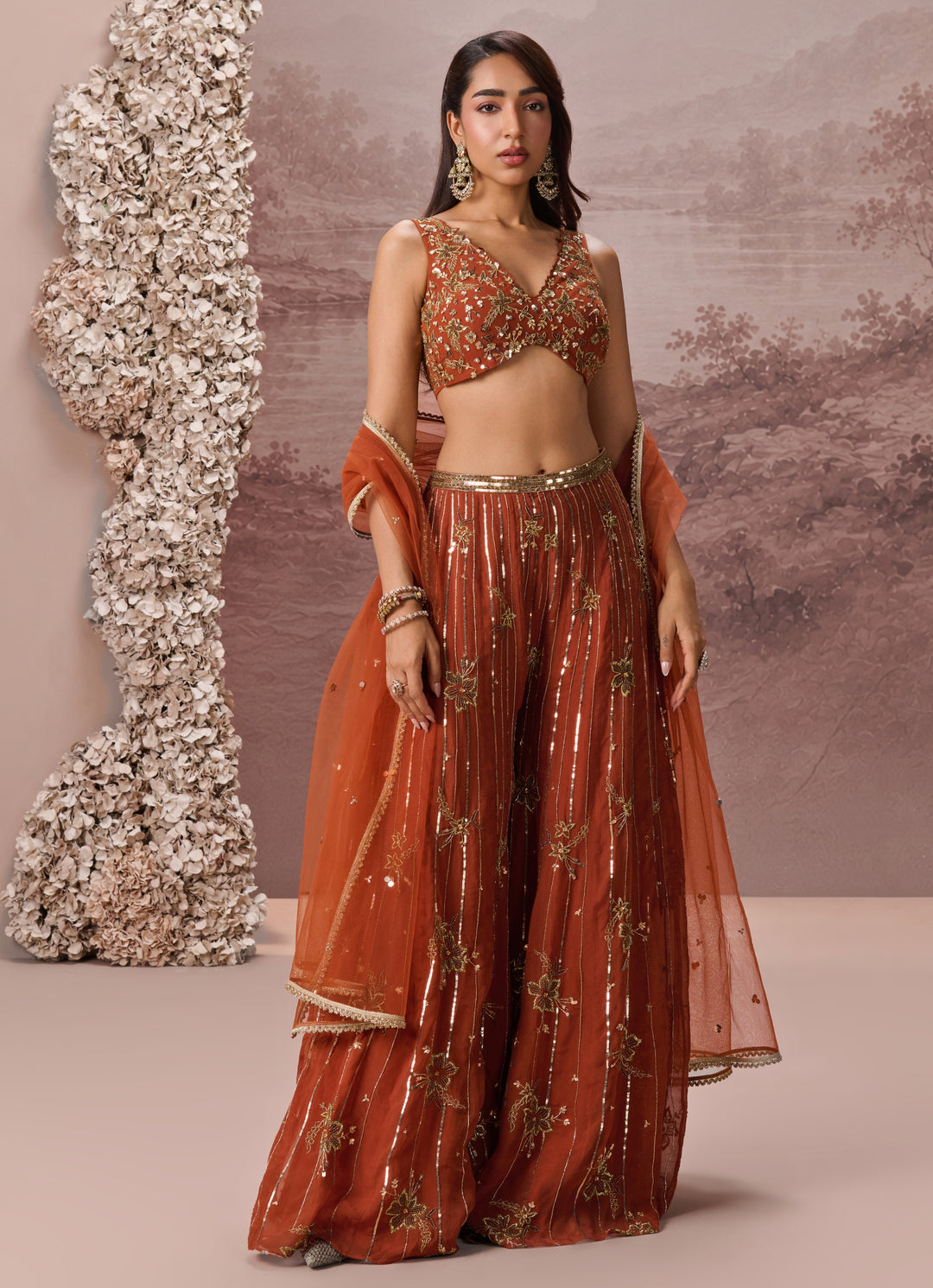 Burnt Orange Organza Blouse Sharara Set