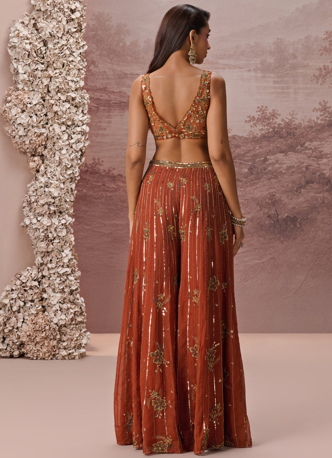 Burnt Orange Organza Blouse Sharara Set