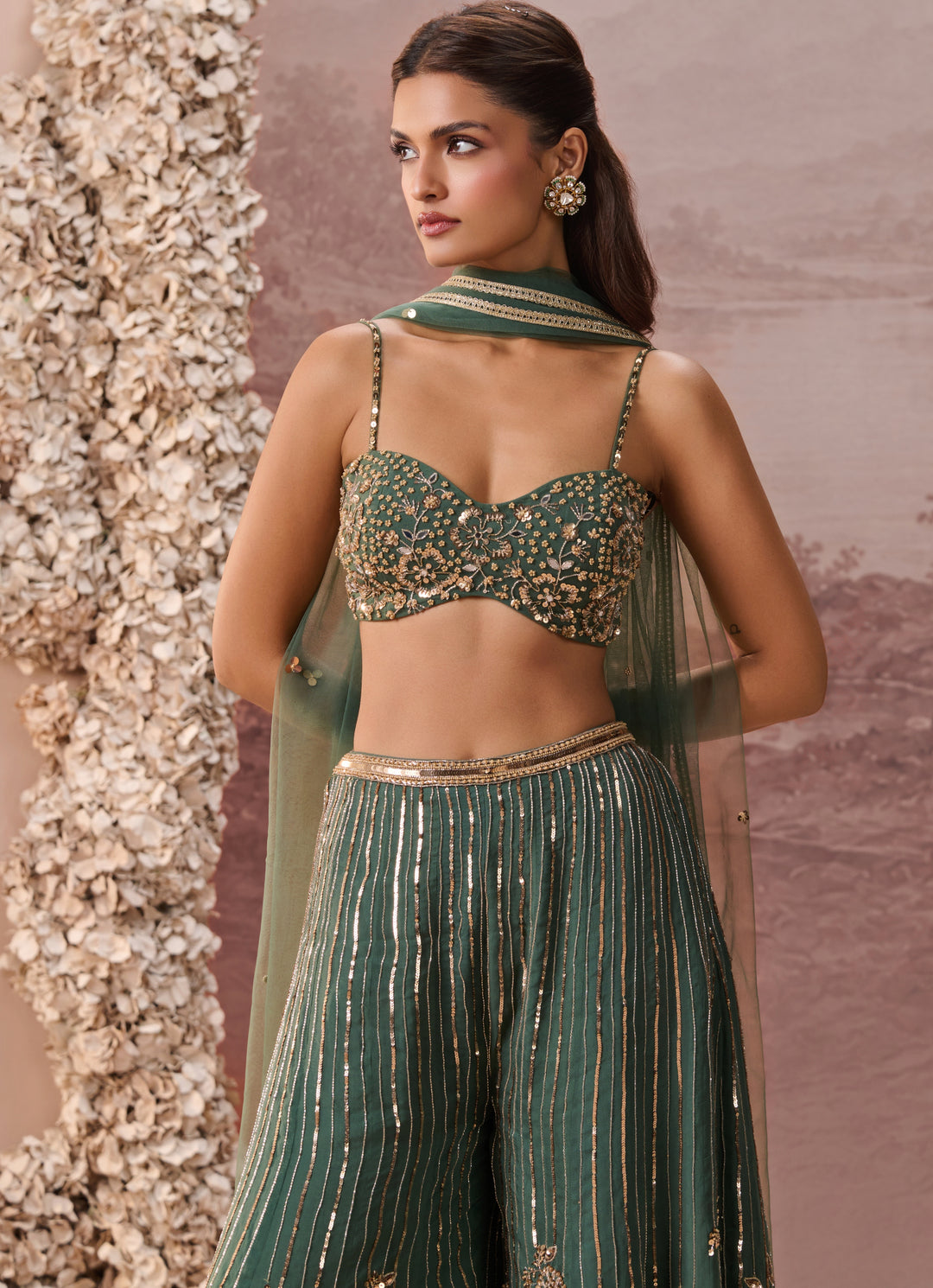 Green Organza Blouse Pant Set