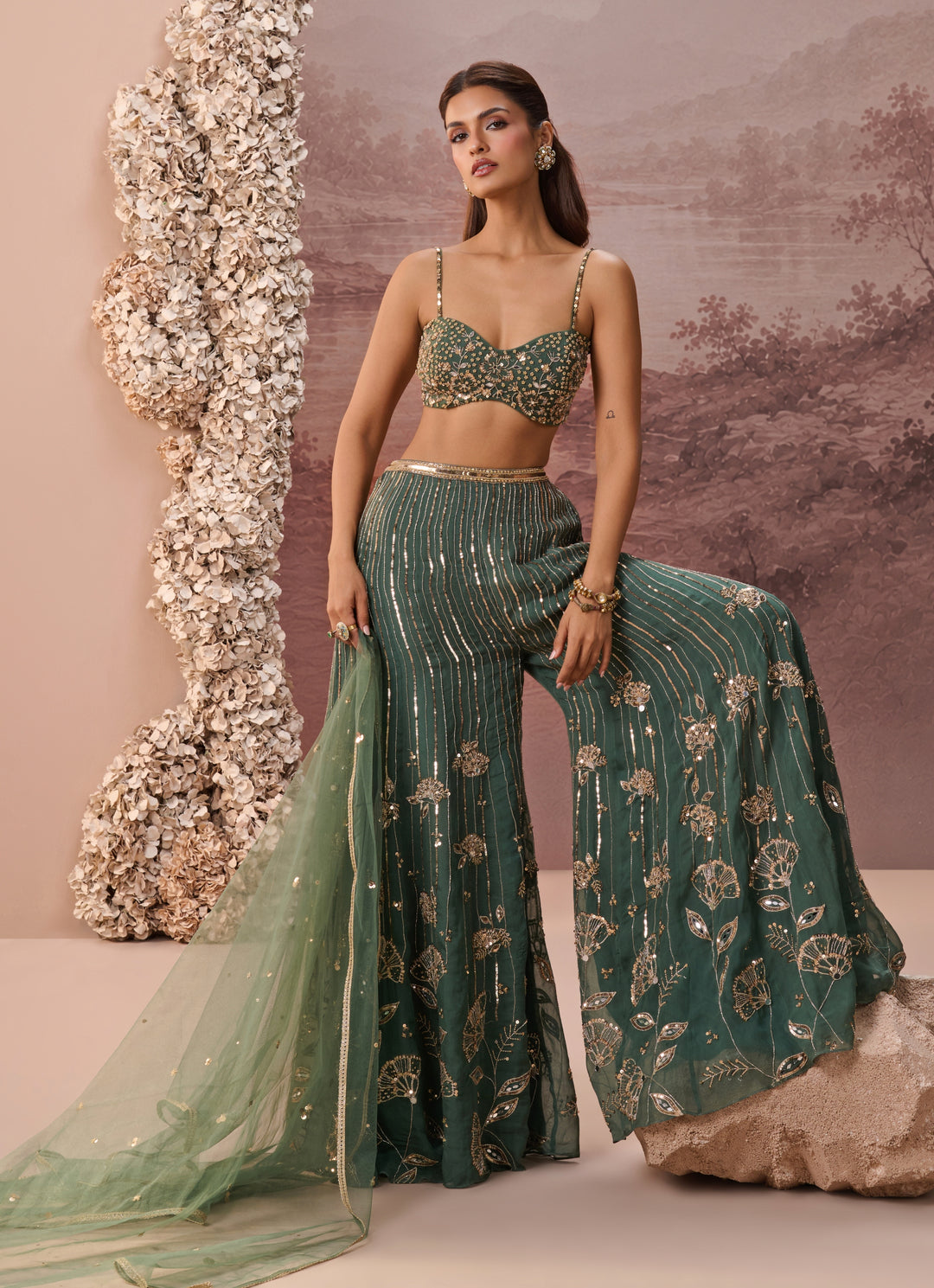 Green Organza Blouse Pant Set