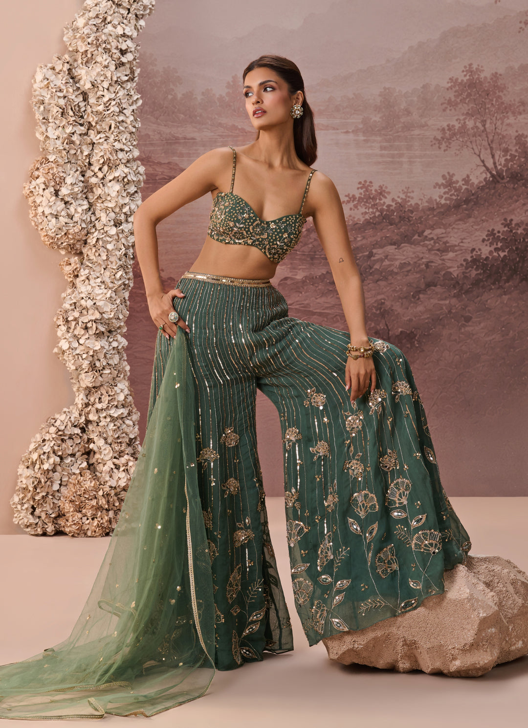 Green Organza Blouse Pant Set