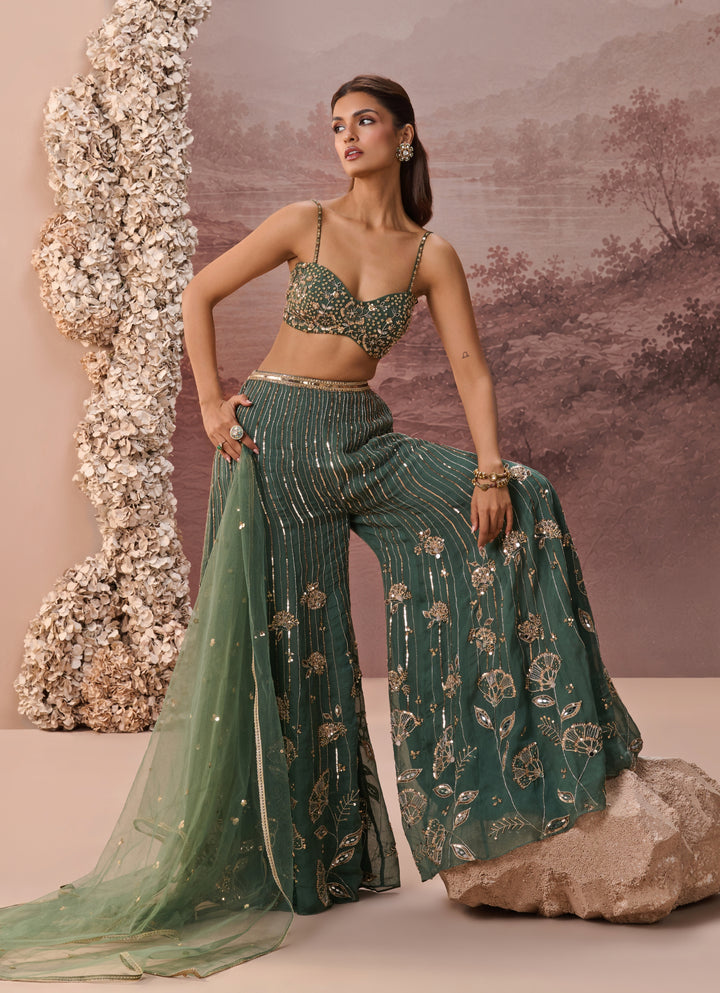 Green Organza Blouse Pant Set