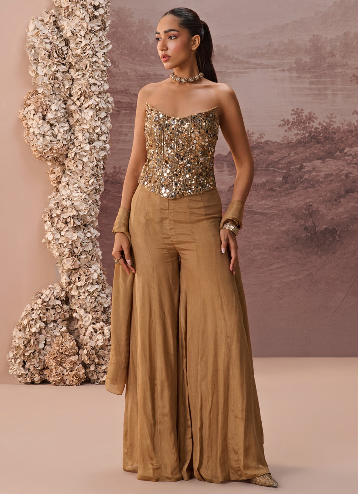 Nude Gold Chinon Corset Pant Set