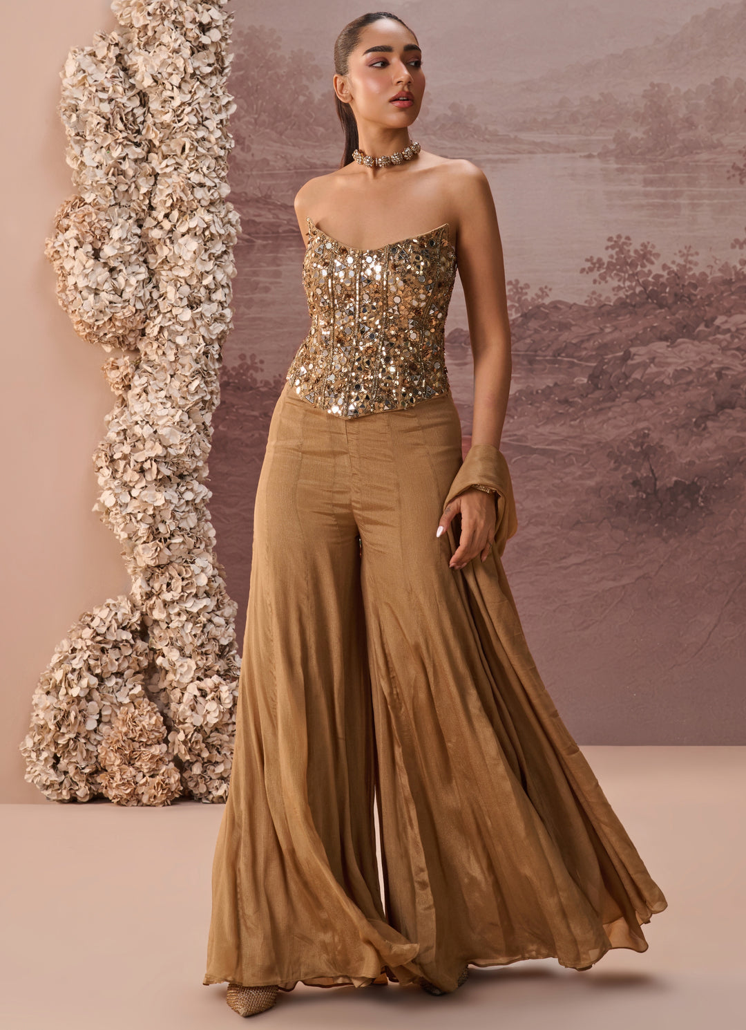 Nude Gold Chinon Corset Pant Set