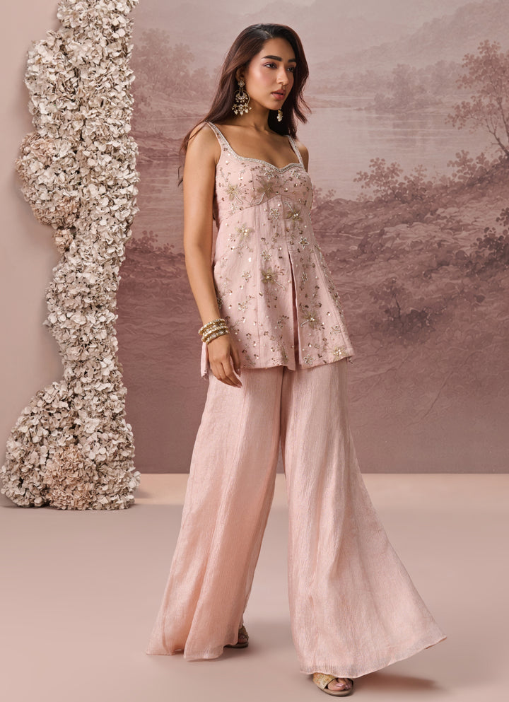 Blush Pink Tissue Kurta Sharara Set