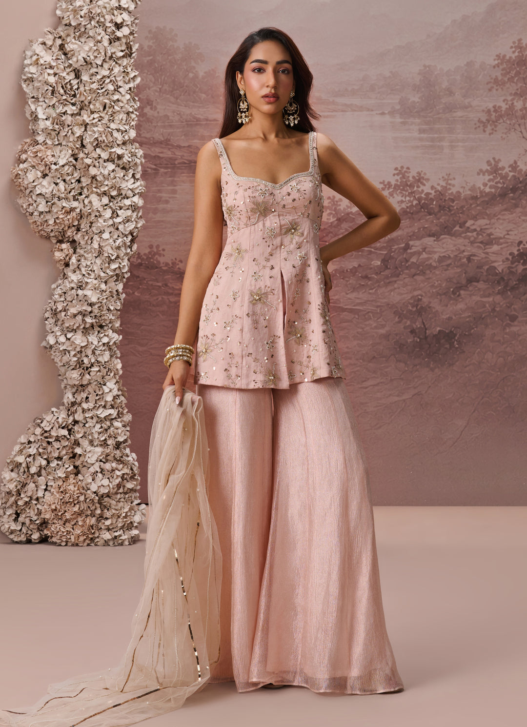 Blush Pink Tissue Kurta Sharara Set
