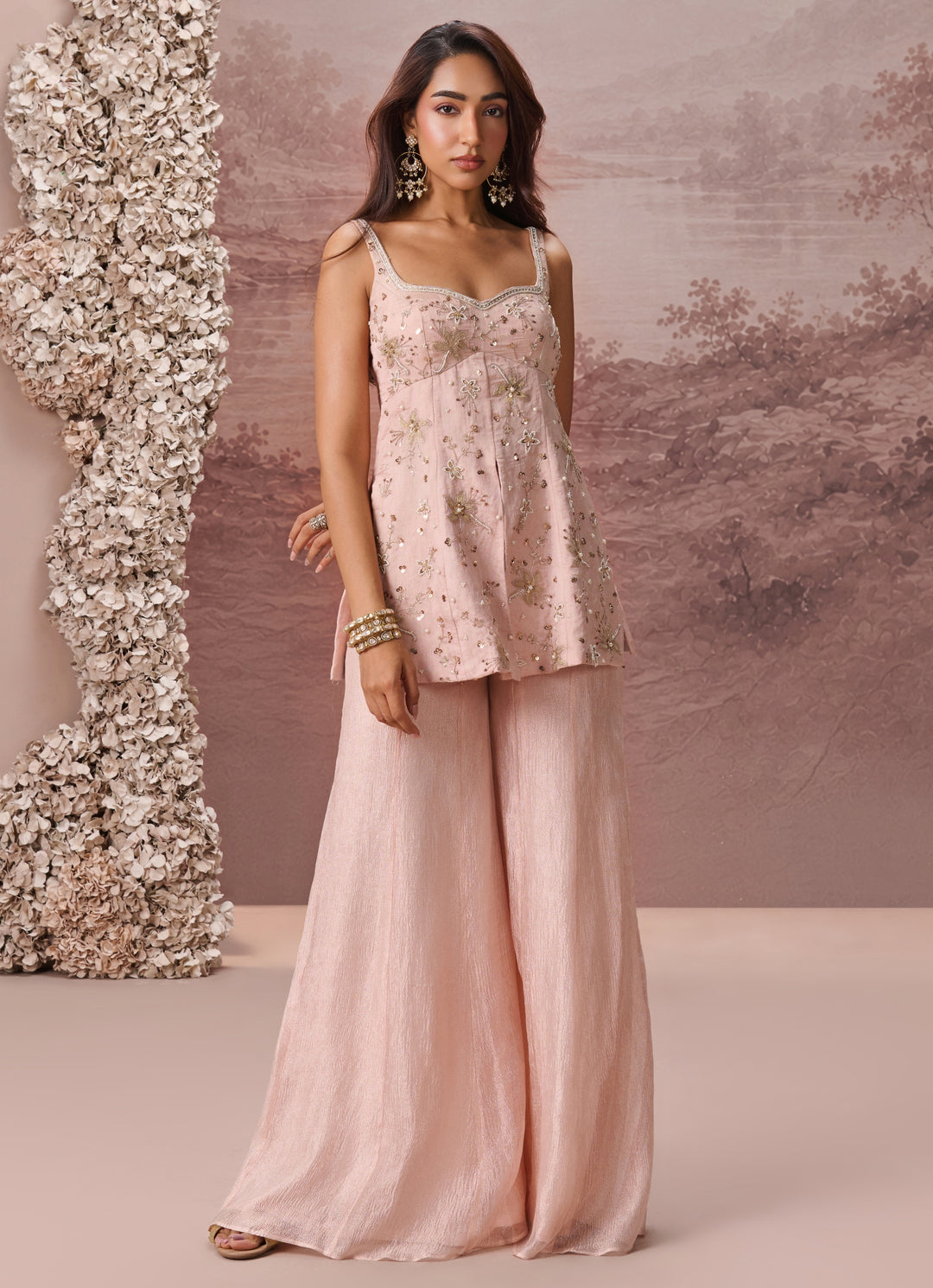 Blush Pink Tissue Kurta Sharara Set