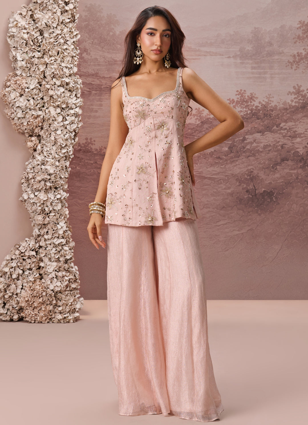 Blush Pink Tissue Kurta Sharara Set