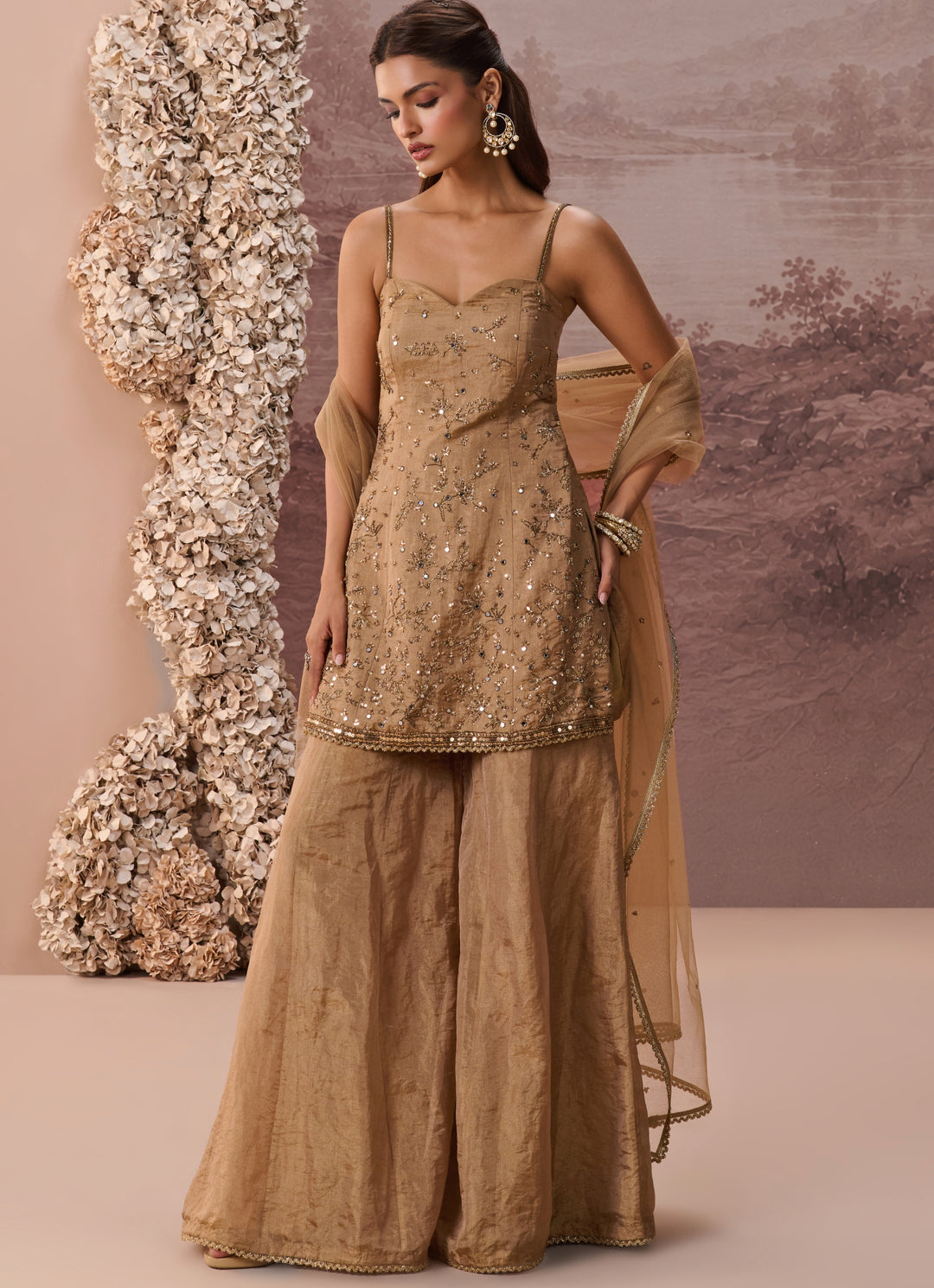 Gold Sequins Tissue Kurta Sharara Set