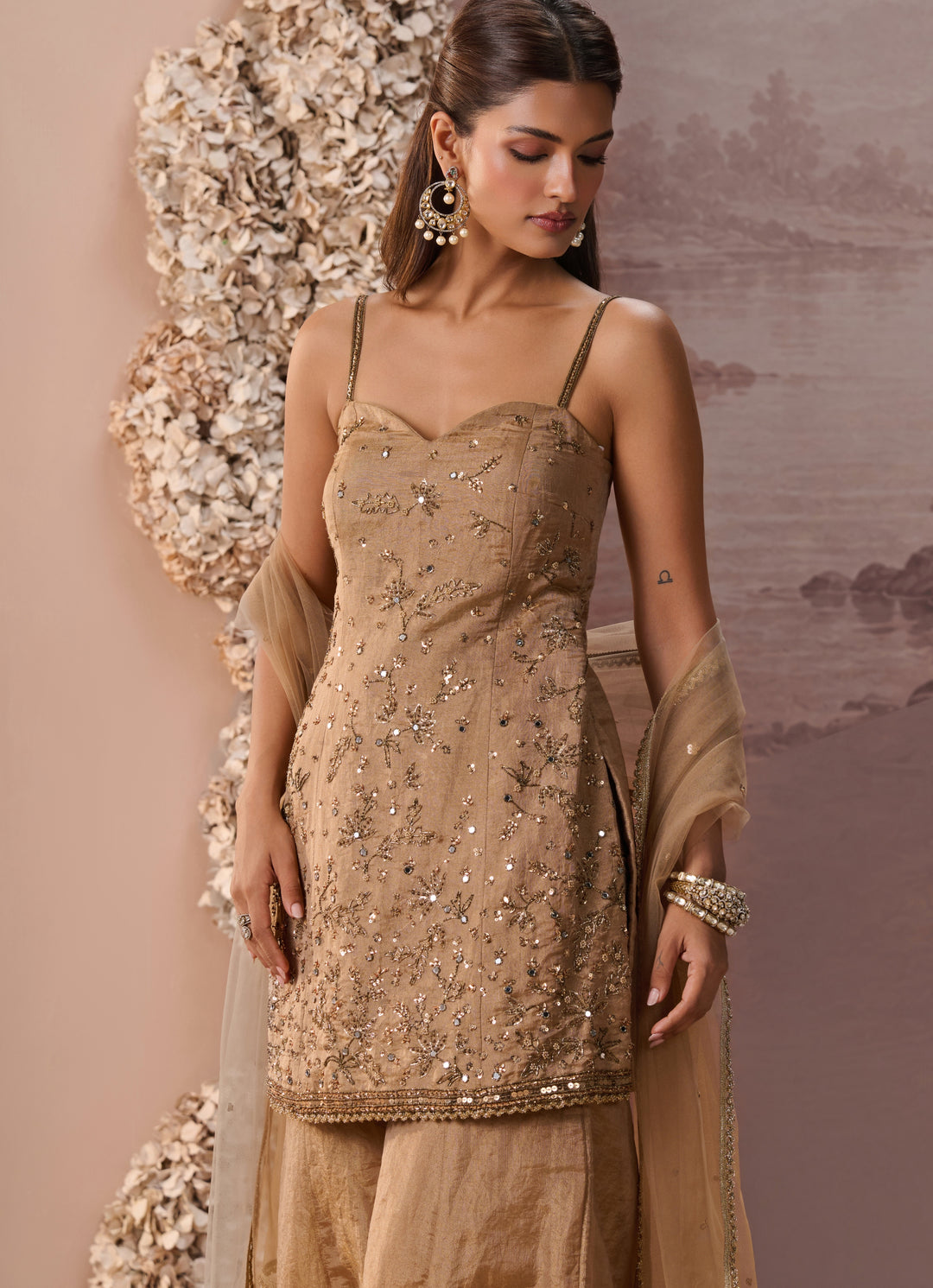 Gold Sequins Tissue Kurta Sharara Set