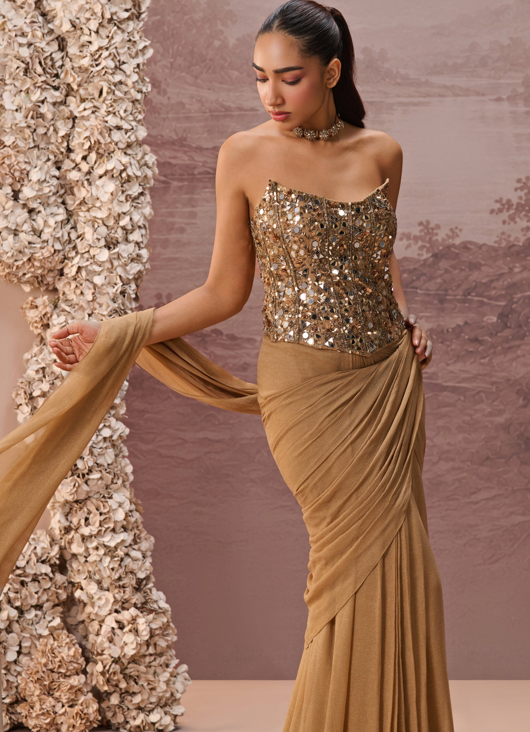 Gold Predraped Chinon Saree With Corset Blouse