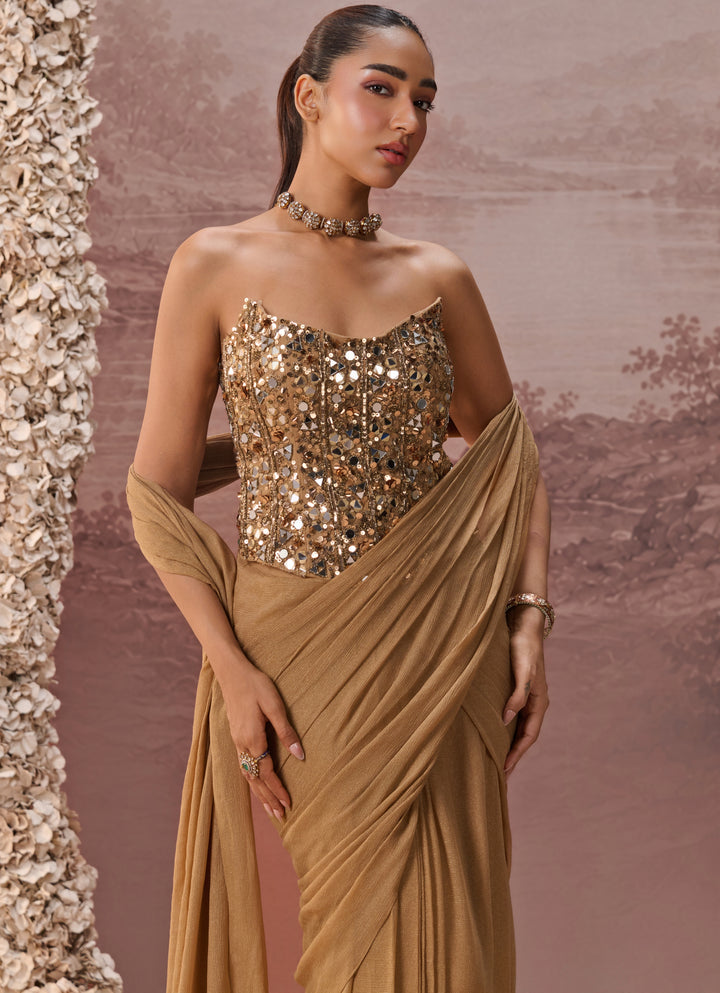 Gold Predraped Chinon Saree With Corset Blouse