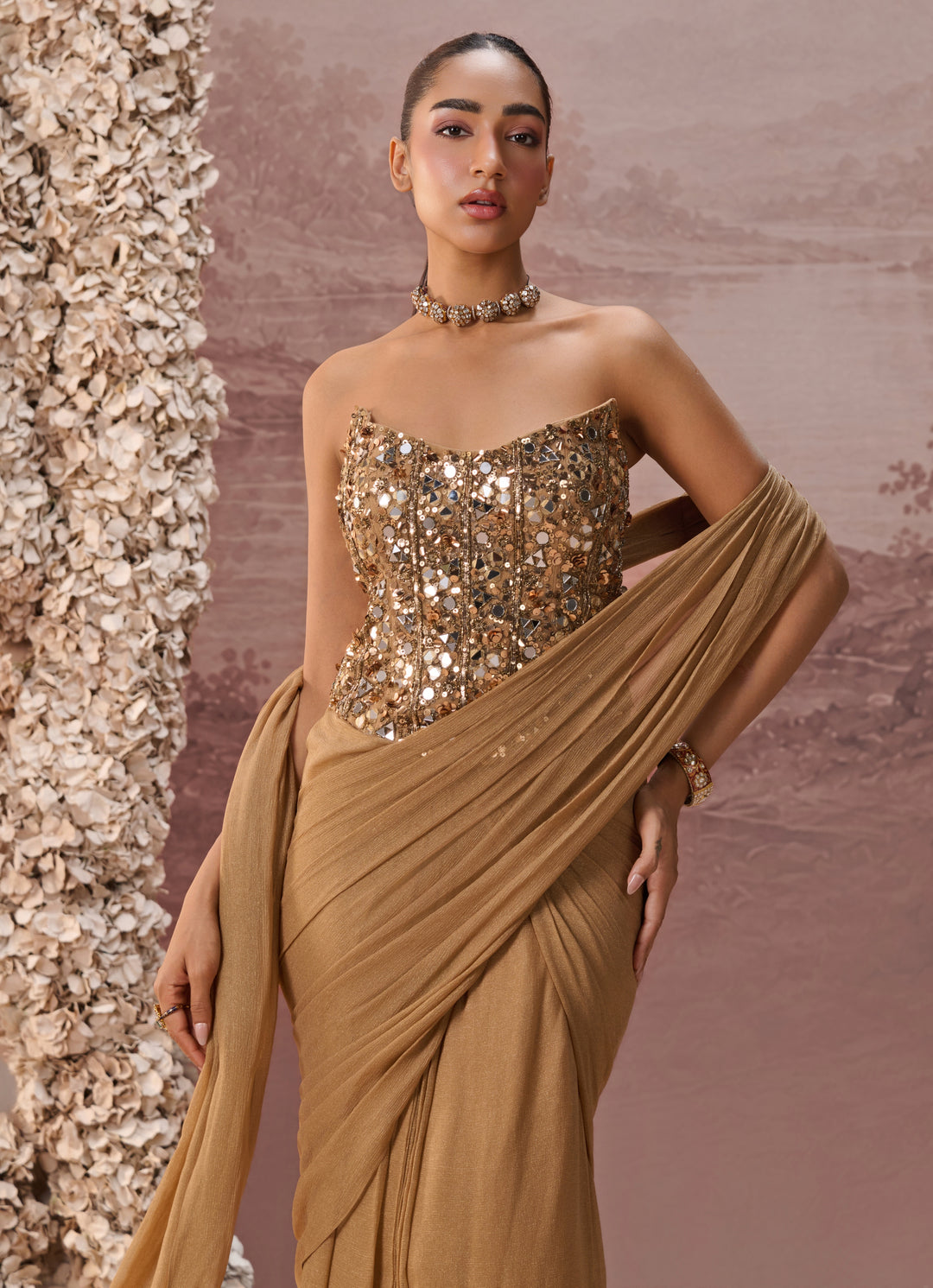 Gold Predraped Chinon Saree With Corset Blouse