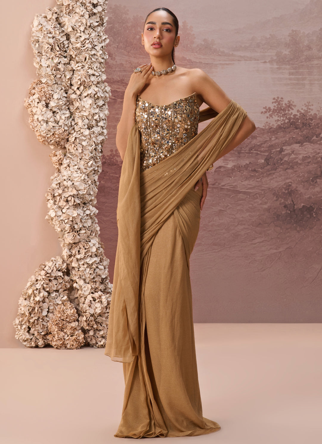 Gold Predraped Chinon Saree With Corset Blouse