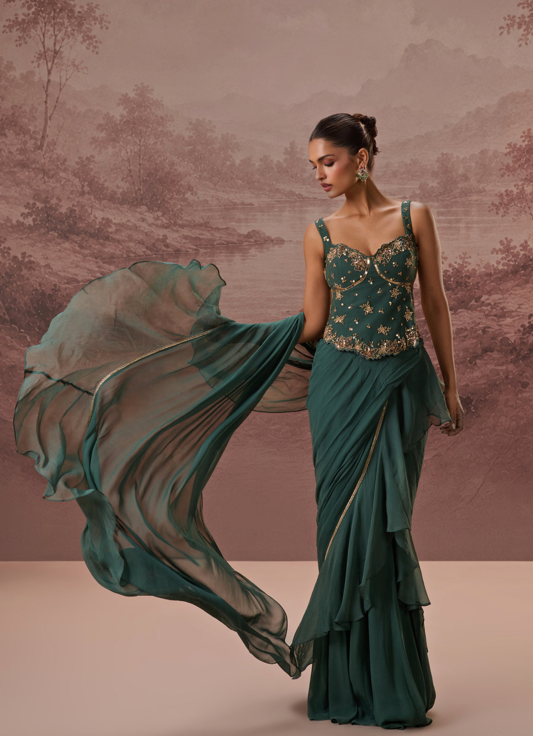 Green Predraped Georgette Saree With Corset Blouse