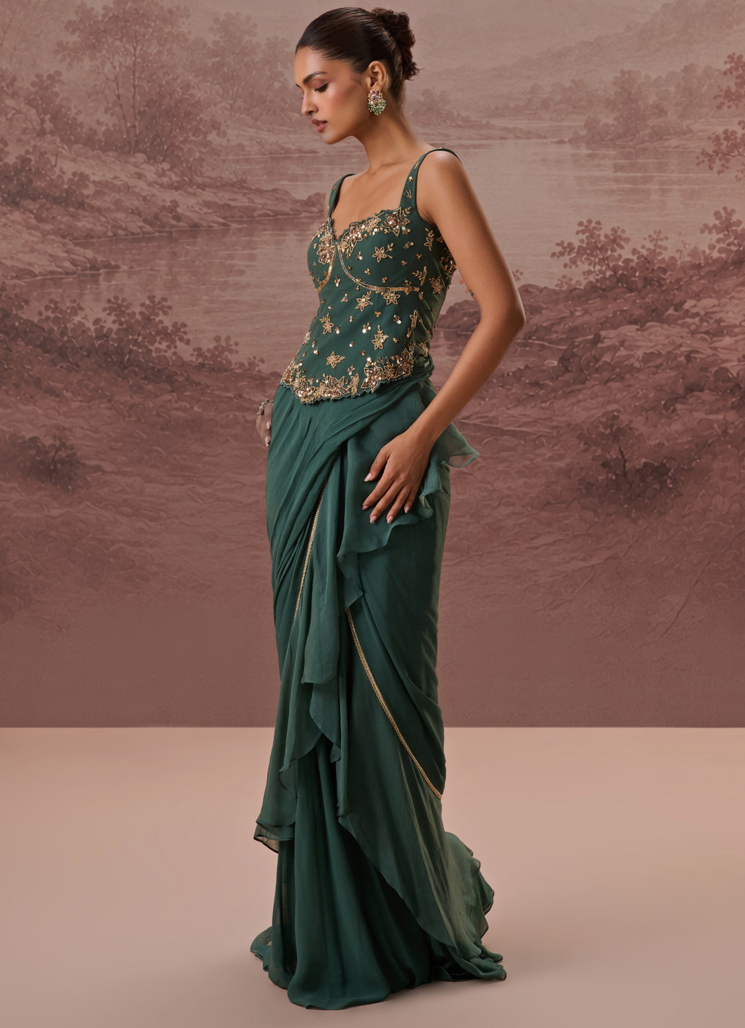 Green Predraped Georgette Saree With Corset Blouse