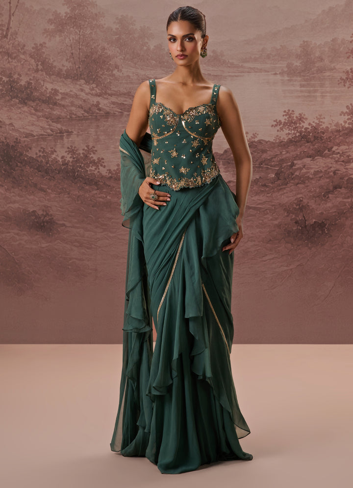 Green Predraped Georgette Saree With Corset Blouse