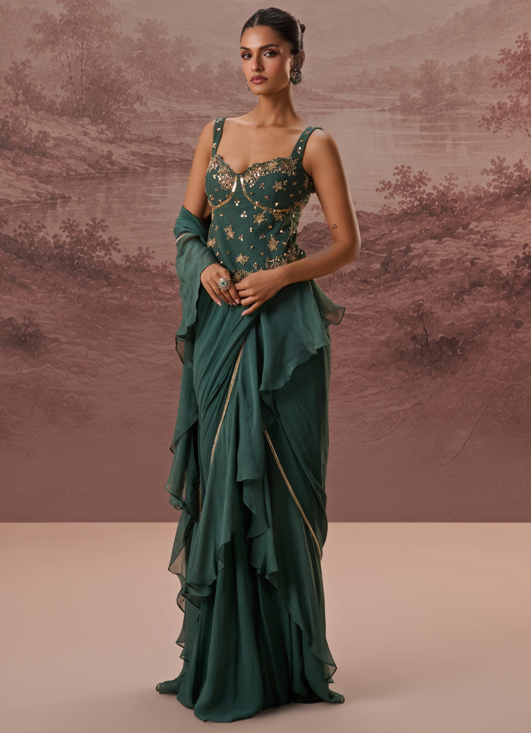 Green Predraped Georgette Saree With Corset Blouse