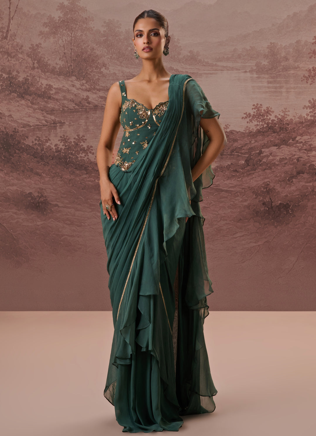 Green Predraped Georgette Saree With Corset Blouse