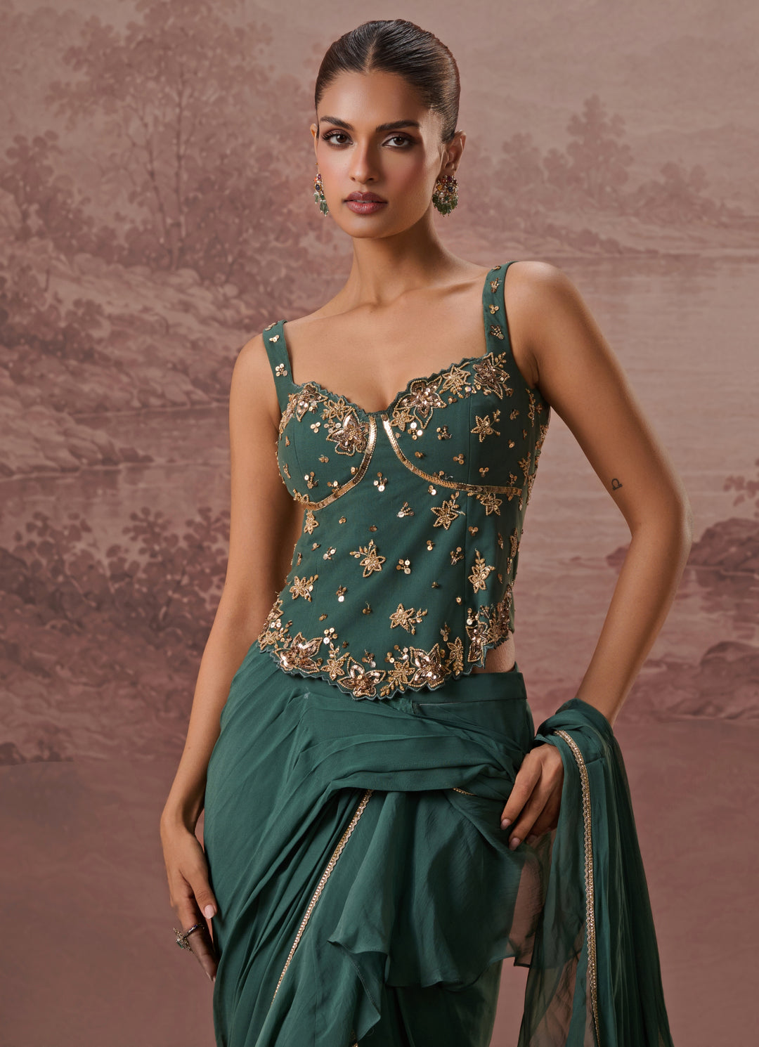 Green Predraped Georgette Saree With Corset Blouse